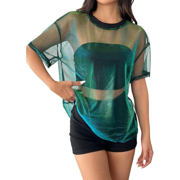Tops - Women's Metallic Mesh Sheer Short Sleeve Rave T-Shirt Small Green Stylish